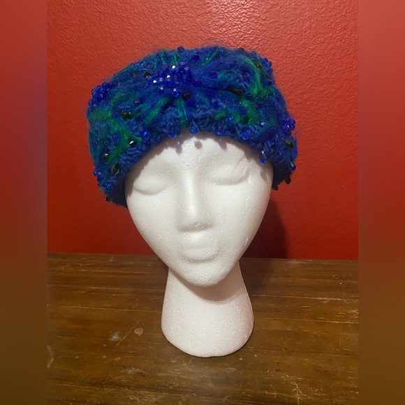 CHRISTIAN DIOR Chapeaux Vintage 60’s Knit Crochet Blue Green Beaded Turban Hat - Picture 1 of 14